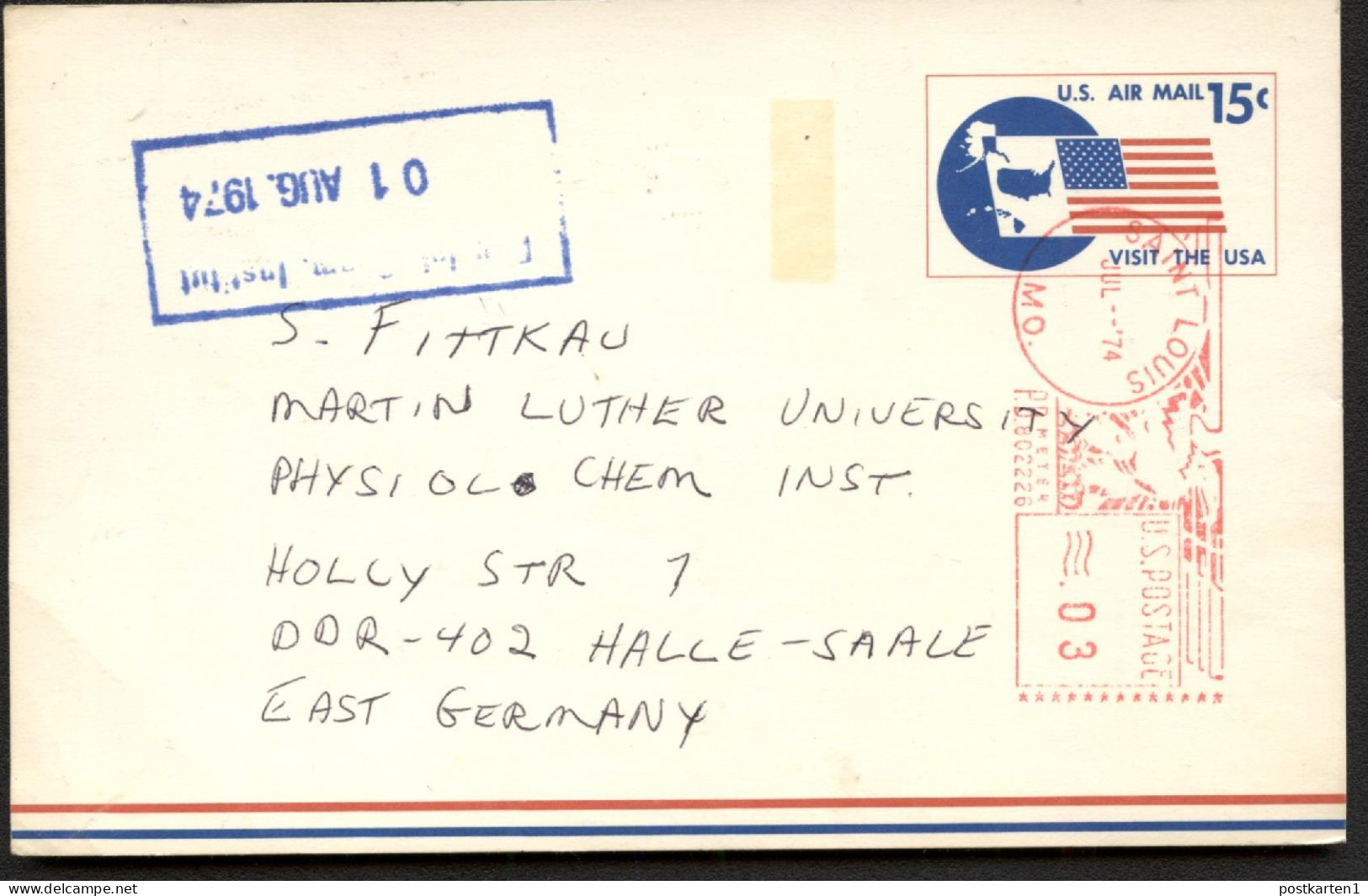 UXC11 Air Mail Postal Card Nonphilatelic Used Saint Loius MO To GERMANY 1974 - 1961-80