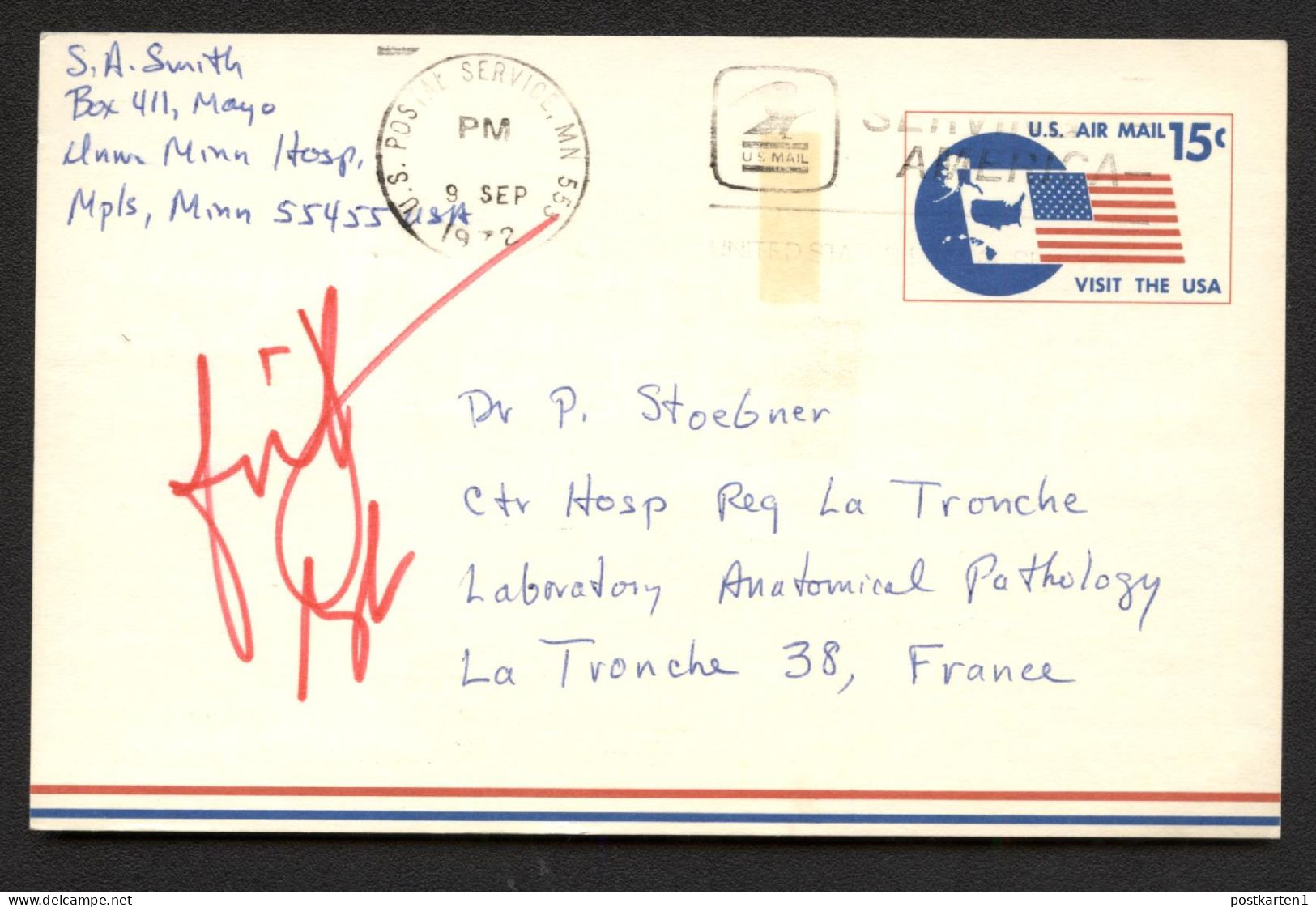 UXC11 Air Mail Postal Card Nonphilatelic Used Minneapolis MN To FRANCE 1973 Cat. $55.00 - 1961-80