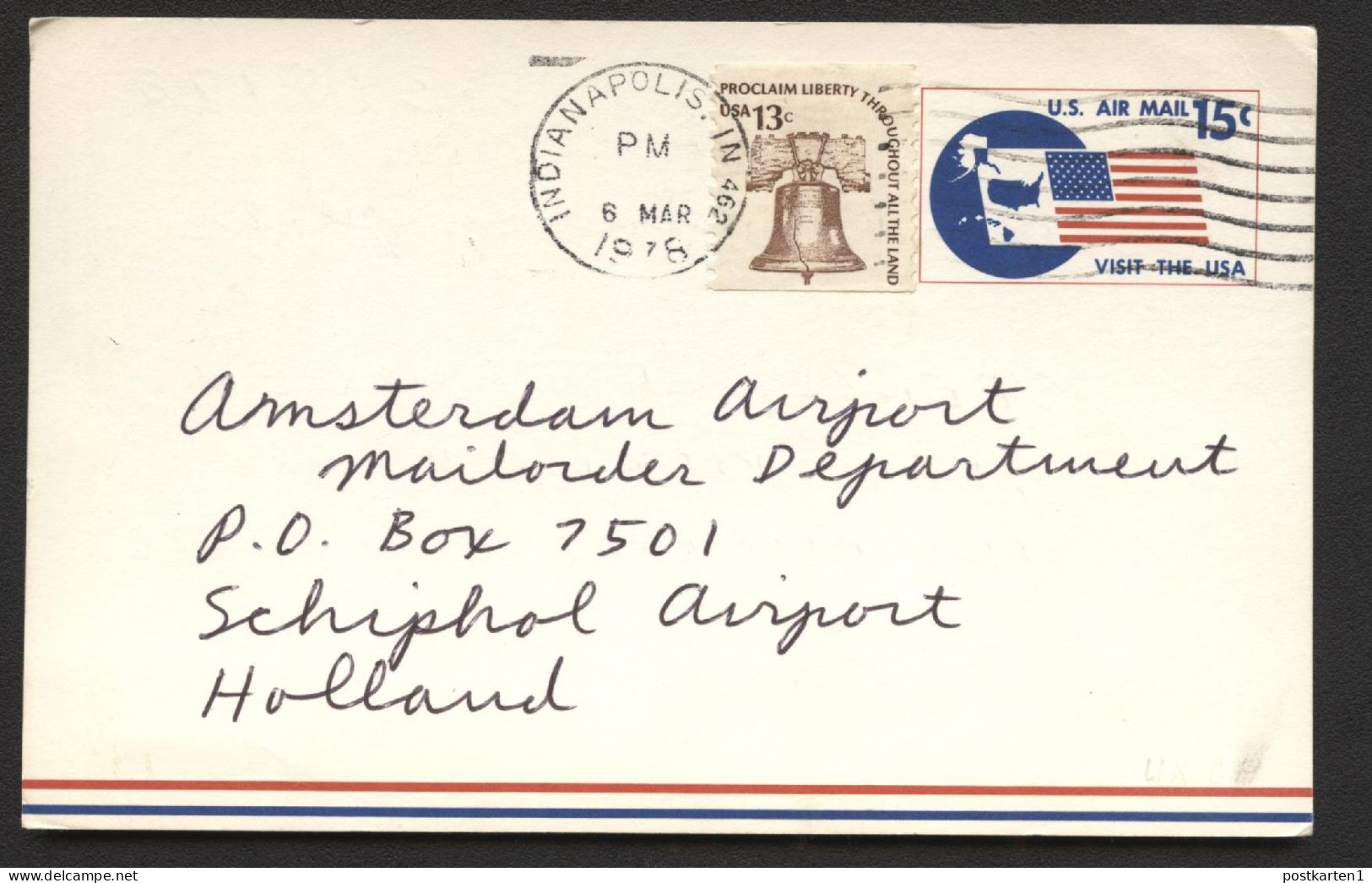 UXC11 Air Mail Postal Card Properly Used Indianapolis IN To NETHERLANDS 1978 - 1961-80