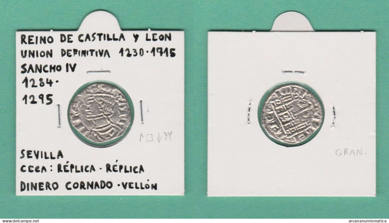 Sancho IV 1.284-1.295  DINERO CORNADO-Vellón Ceca:Sevilla  Réplica   DL-13.426 - Fausses Monnaies