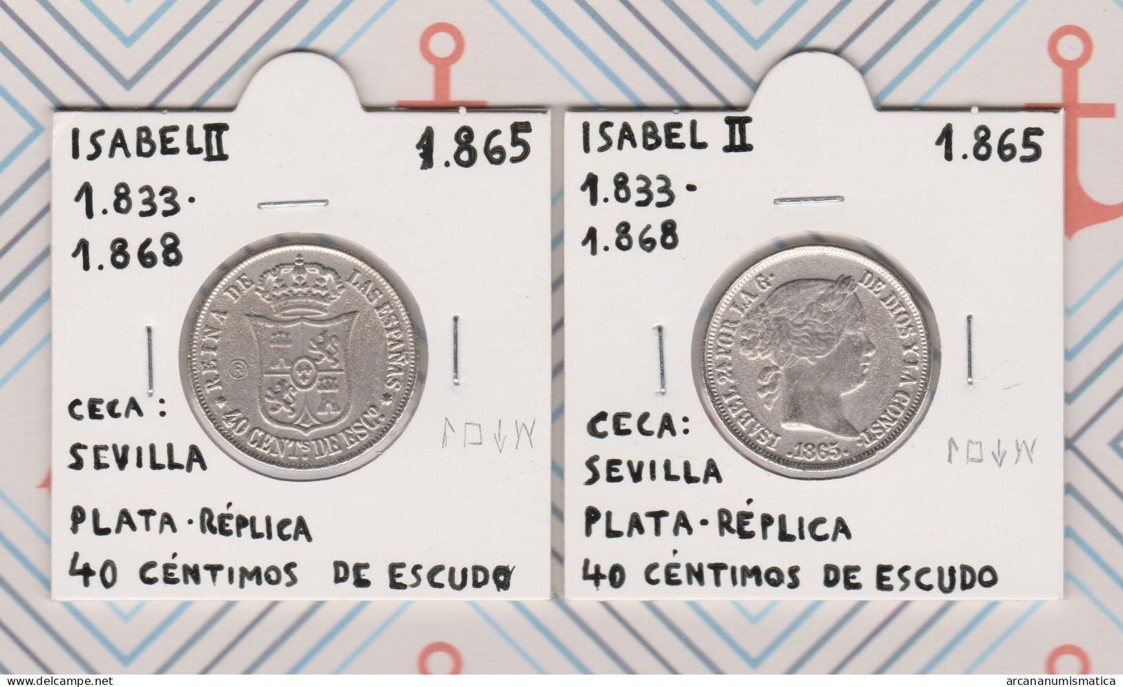 ISABEL II 1.833-1.868     40 CENTIMOS DE ESCUDO 1.865 Plata Ceca: Sevilla  Réplica   T-DL-13.442 - Fausses Monnaies