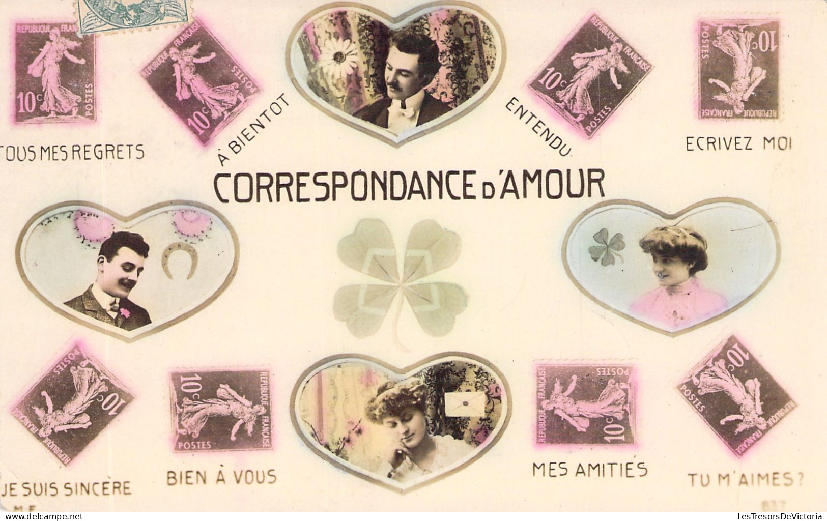 Fantaisie - Correspondance D'amour - Timbres Représentés - Carte Postale Ancienne - Sellos (representaciones)