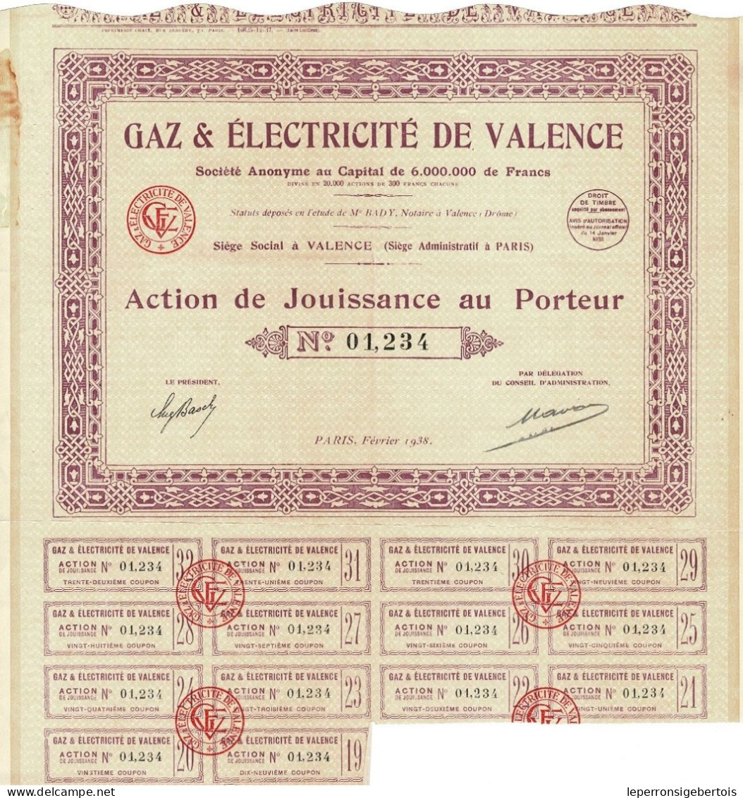 - Titre De 1938  - Gaz & Electricité De Valence - - Electricity & Gas