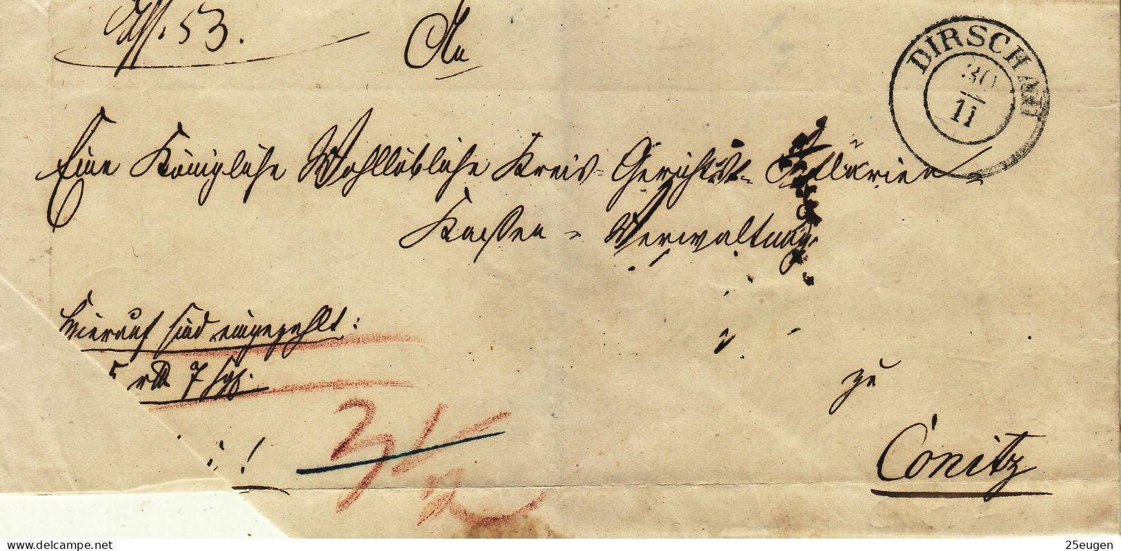POLAND / GERMAN ANNEXATION /1850 Ca/ LETTER  SENT FROM TCZEW  /DIRSCHAU/ TO CHOJNICE /CONITZ/ - ...-1860 Préphilatélie