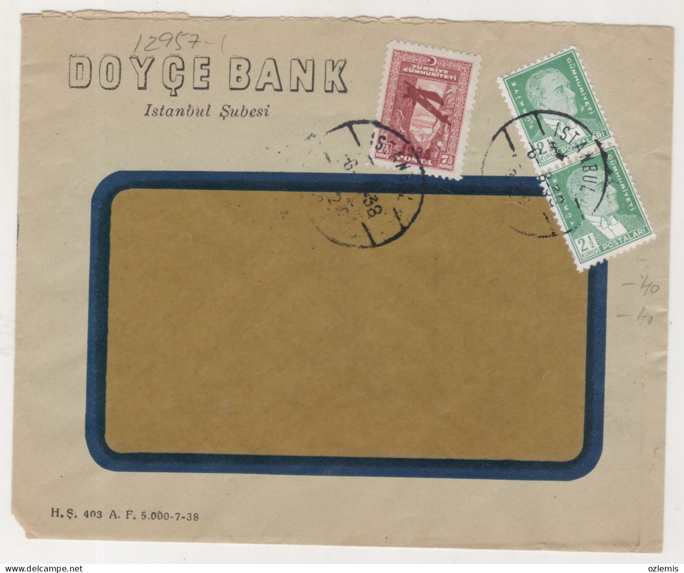 TURKEY,TURKEI,TURQUIE ,ISTANBUL TO DEUTSCHE BANK ,DOYCE BANK,1938 COVER , - Storia Postale