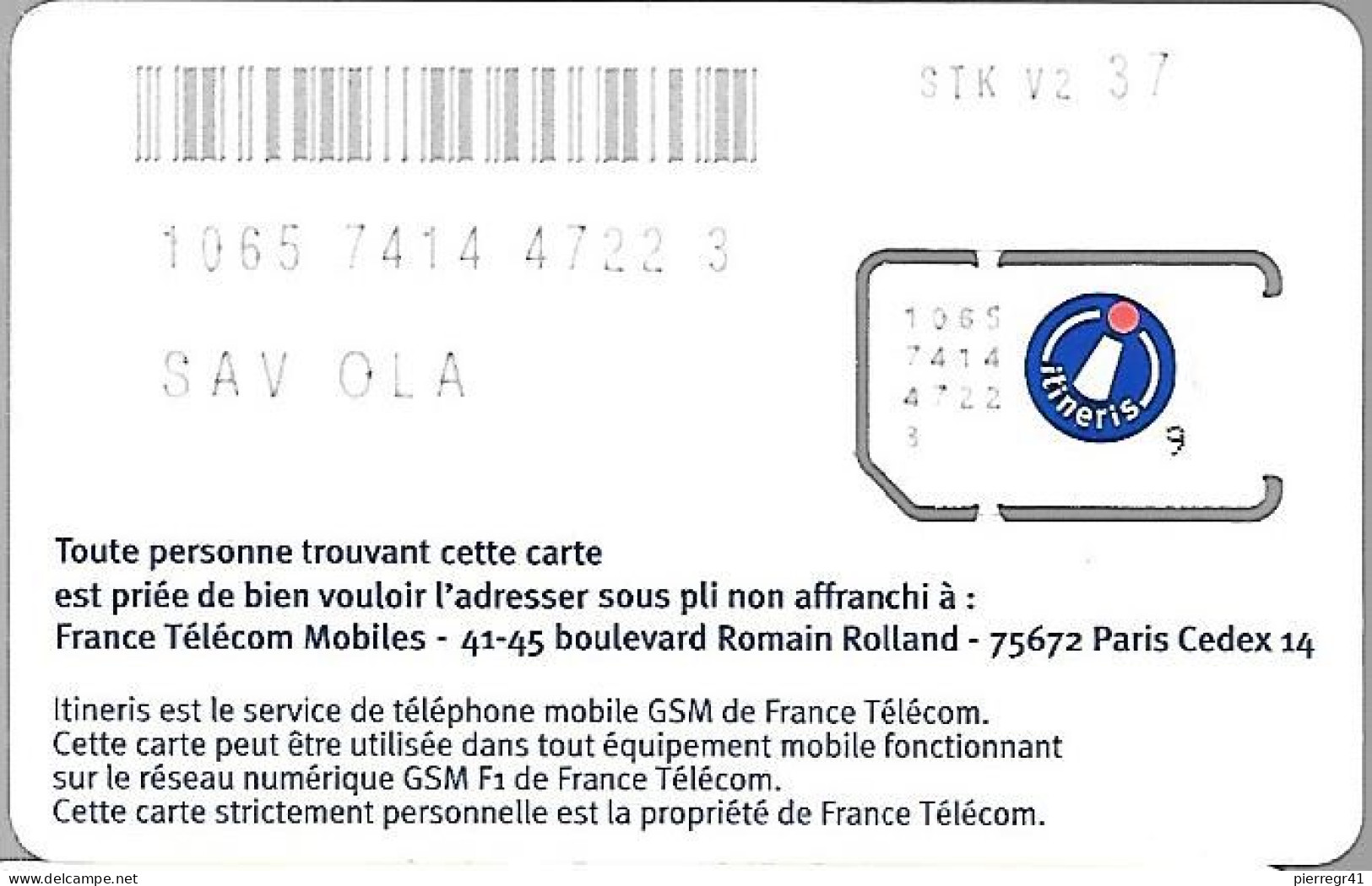 CARTE-GSM-PUCE-J-ITINERIS -FM4FJ-D2--Puce Garantie Attachée-TBE- - Voorafbetaalde Kaarten: Gsm