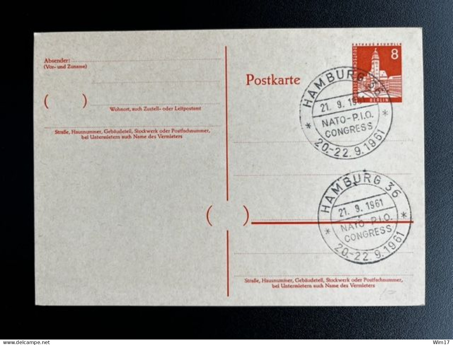 GERMANY BERLIN 1961 POSTCARD CANCEL HAMBURG 21-09-1961 NATO P.I.O. CONGRESS DUITSLAND DEUTSCHLAND - Postkaarten - Ongebruikt