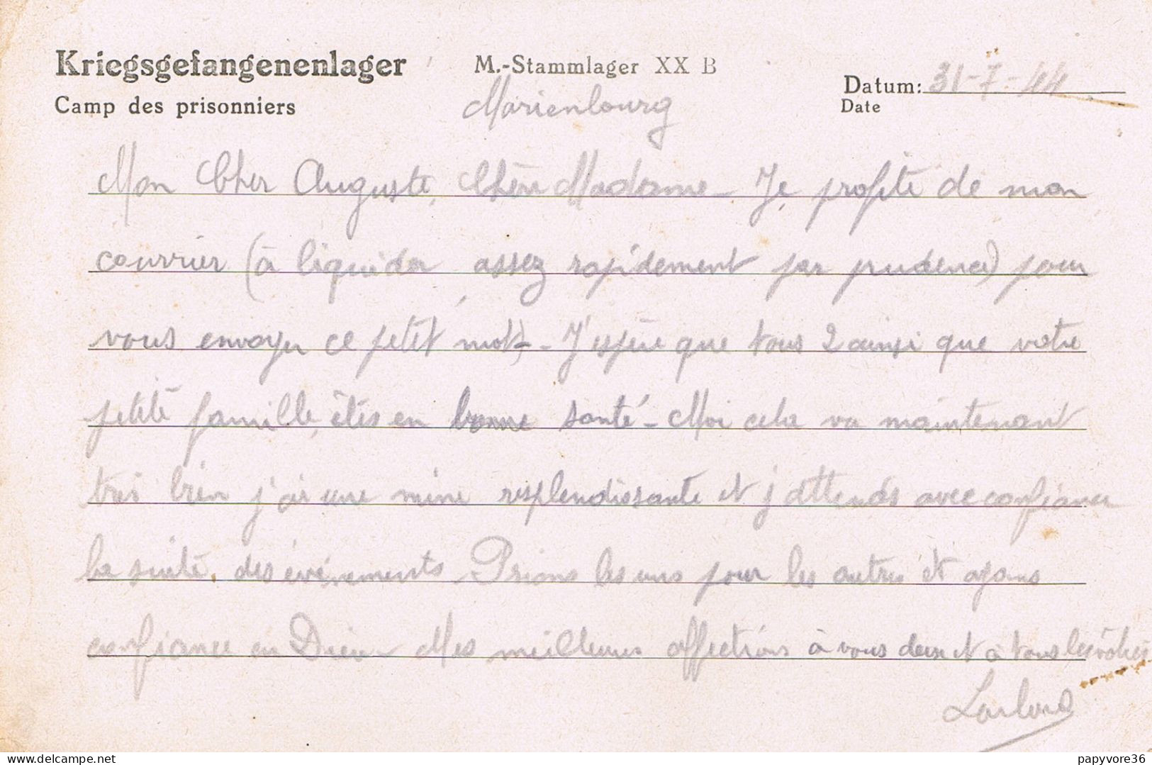 Carte Lettre D'un Prisonnier Français En Pologne Pour Romorantin - Camp De Marienbourg - Stalag XX-B - Gefängnislager