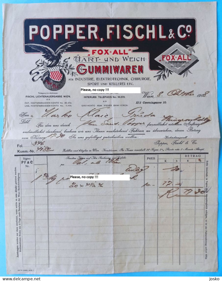 POPPER, FISCHL & Co. WIEN - Austria Old Memmorandum 1908 Sent In Gruda - Croatia * Osterreich Alte Rechnung, Memorandum - Österreich