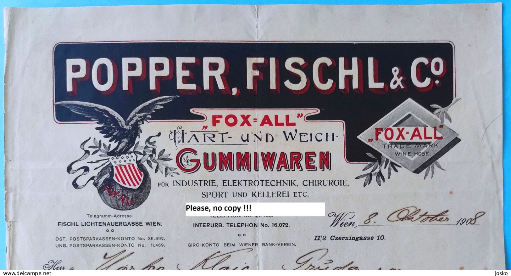 POPPER, FISCHL & Co. WIEN - Austria Old Memmorandum 1908 Sent In Gruda - Croatia * Osterreich Alte Rechnung, Memorandum - Oostenrijk