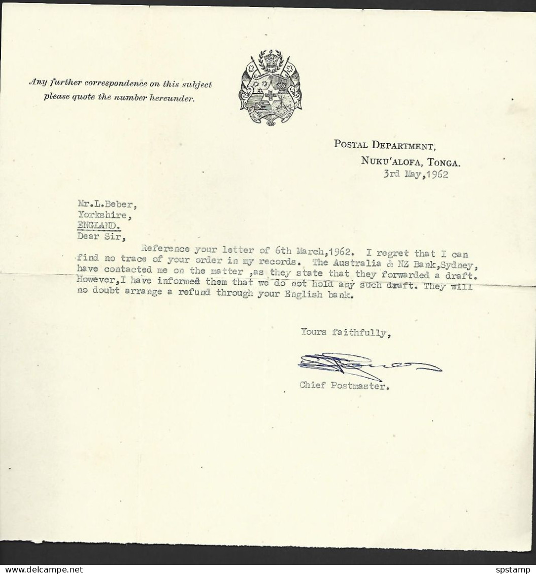 Tonga 1962 Official Letters X 2 Ex Postal Department , Both Signed By Chief Postmaster S.P. Jones - Tonga (...-1970)