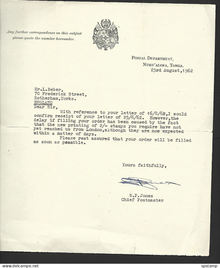 Tonga 1962 Official Letters X 2 Ex Postal Department , Both Signed By Chief Postmaster S.P. Jones - Tonga (...-1970)