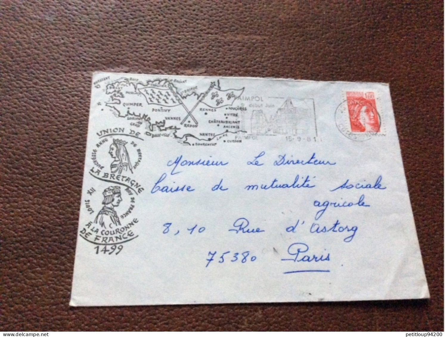 105 *ARMOIRIE Enveloppe  UNION DE LA BRETAGNE A LA COURONNE DE FRANCE  Annee1981 - Briefe U. Dokumente