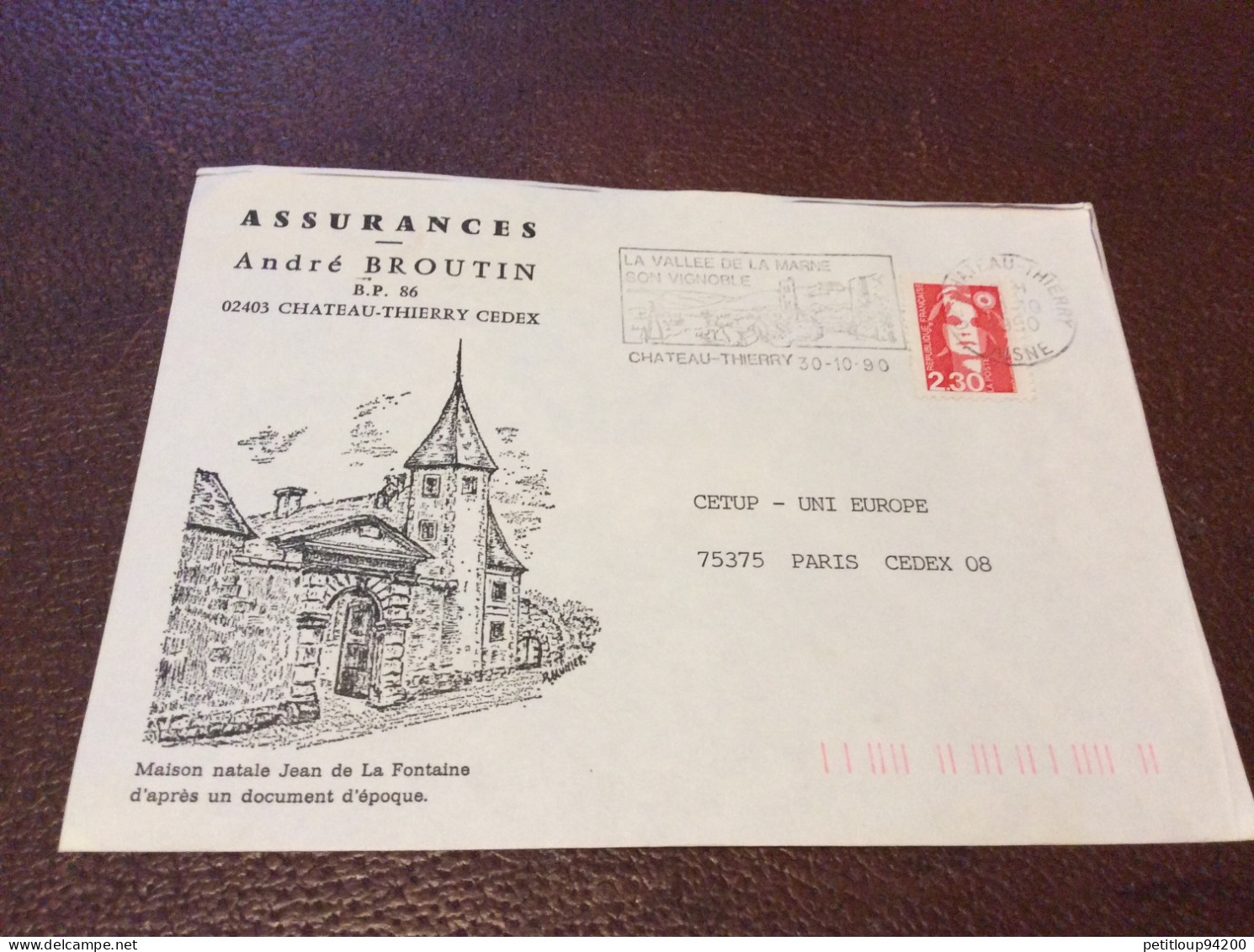 117*ARMOIRIE Enveloppe  CHATEAUX-THIERRY Maison Natale De Jean De La Fontaine  ANNEE 1990 - Briefe U. Dokumente