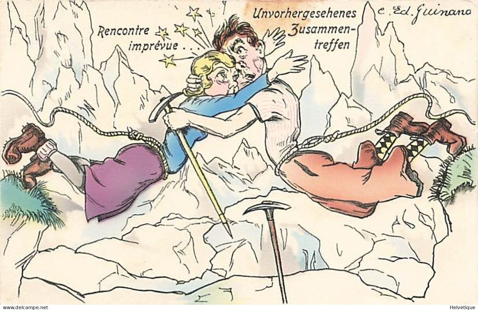 Couple En Montagme Rencontre Imprévue Unvorhergesehenes Zusammen-treffen Alpinisme  Corde Piolet Amour Coup De Foudre - Alpinismo