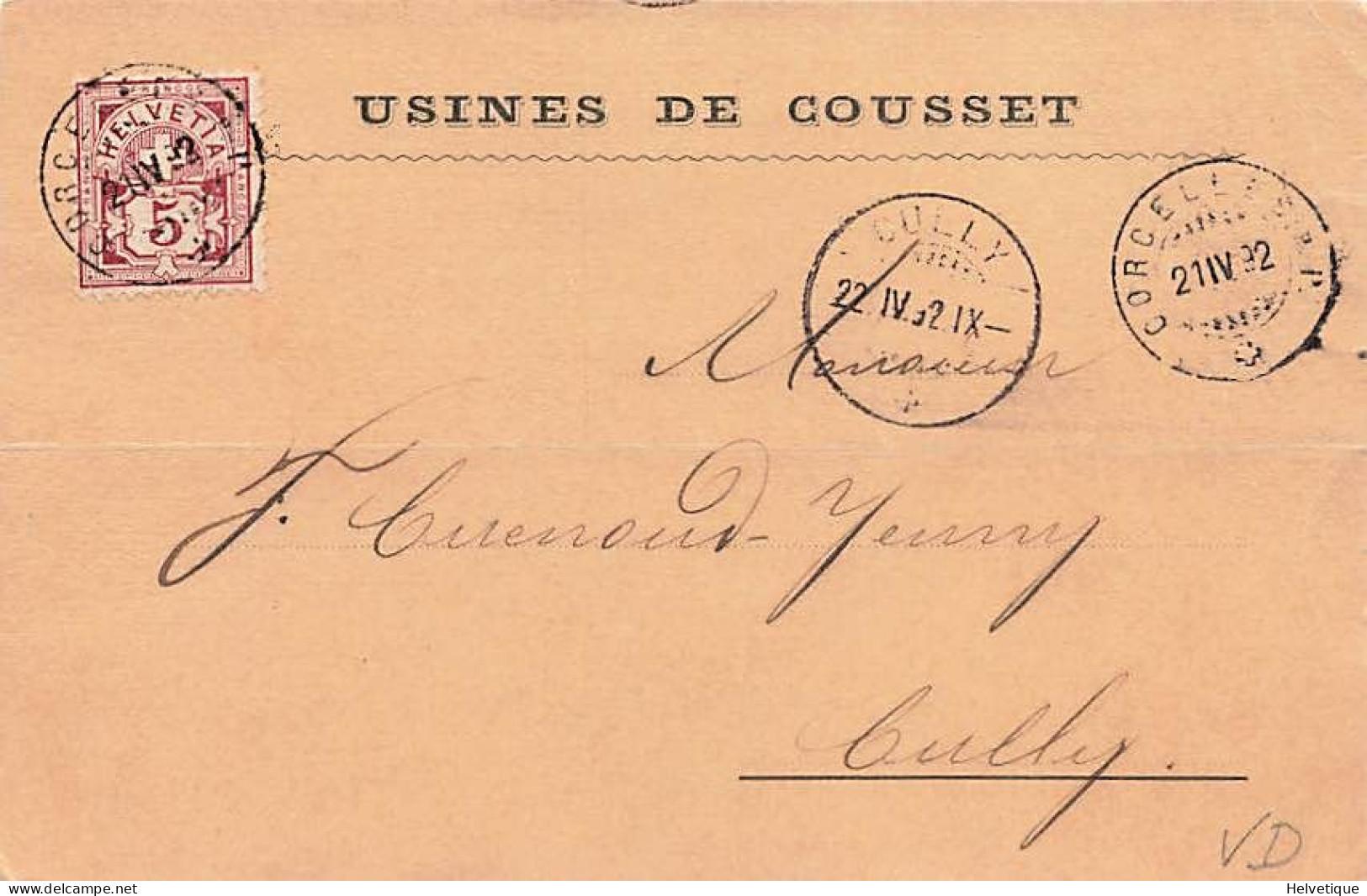 Usine De Cousset Cachet Cully Corcelles-Payernes 1892 - Cully