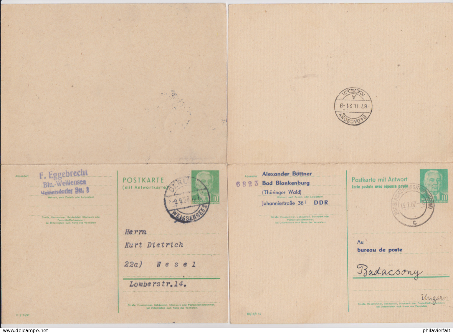 DDR Doppelkarten MiNo. P 70I O Berlin 9.9.56 Und Seltene P 70II Oo Nach Ungarn Und Zurück - Postcards - Used