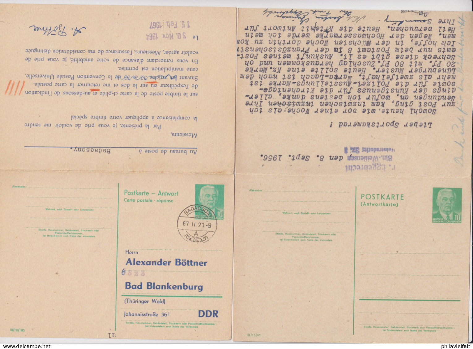 DDR Doppelkarten MiNo. P 70I O Berlin 9.9.56 Und Seltene P 70II Oo Nach Ungarn Und Zurück - Postcards - Used