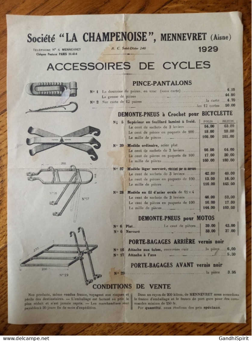 Menneret 1929 - Tarif De La Société "La Champenoise" - Accessoires De Cycles, Vélo - Sports & Tourism