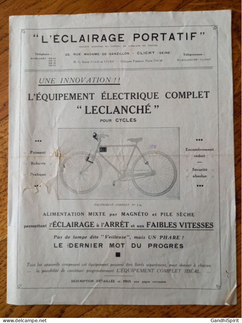 Clichy - L’Éclairage Portatif, Equipement électrique Complet Leclanché Pour Cycles, Vélo - Sports & Tourisme