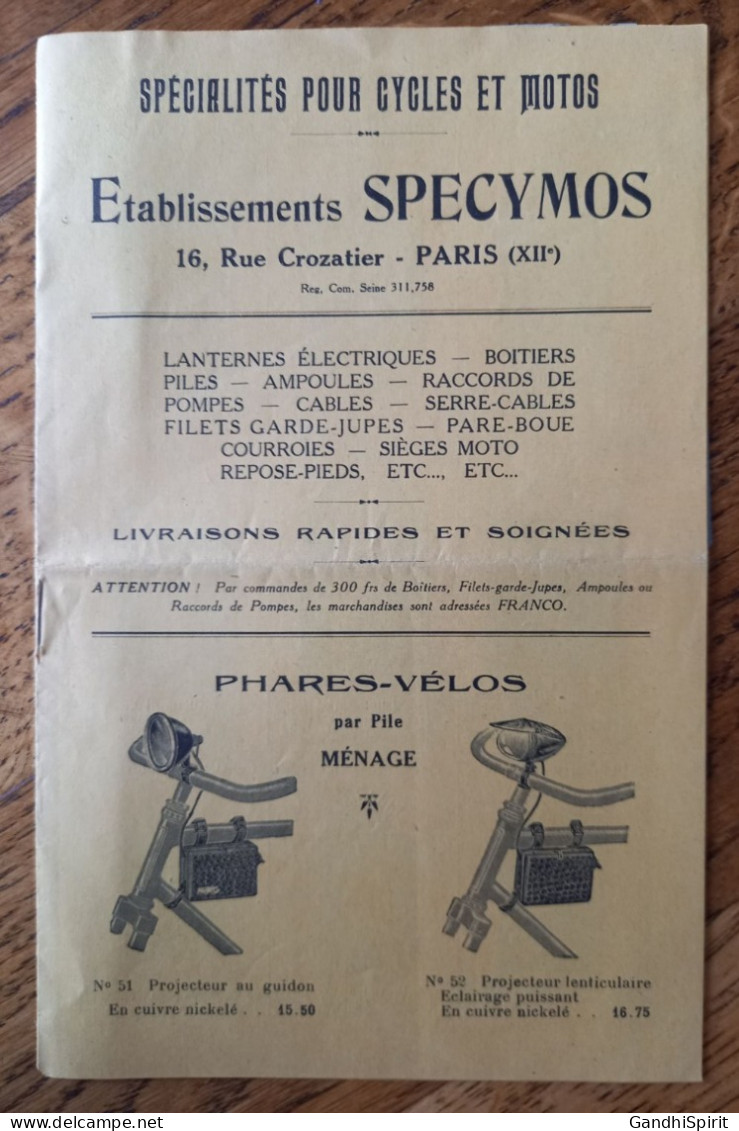 Tarif Des Etablissements Specymos - Spécialités Pour Cycles Et Motos, Vélos, Lampe, Phare - Paris, 16, Rue Crozatier - Sports & Tourism