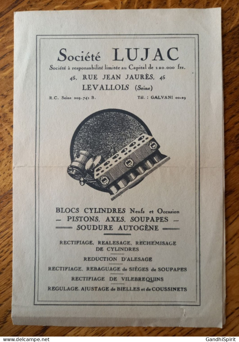 Société Lujac - Levallois - Tarif 1929 - Blocs Cylindres, Pistons, Axes, Automobile - Automobile