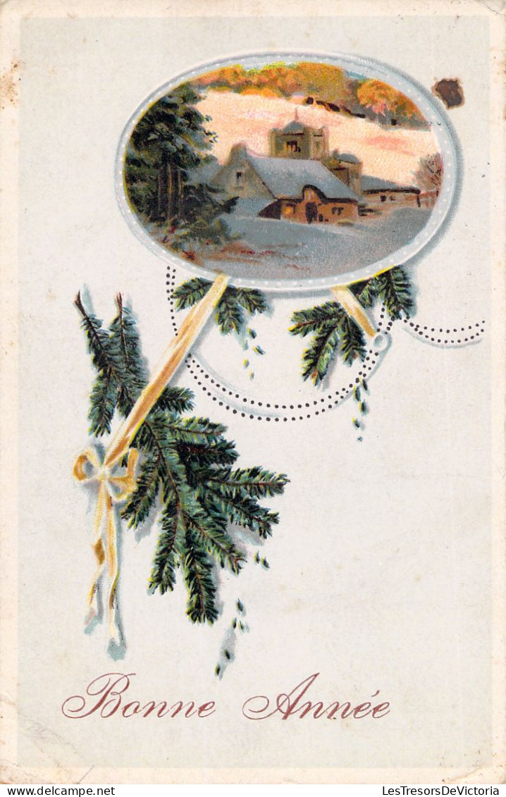 FETE - Bonne Année - Fantaisie - Maison Dans Un Medaillon - Branche De Sapin - Carte Postale Ancienne - New Year