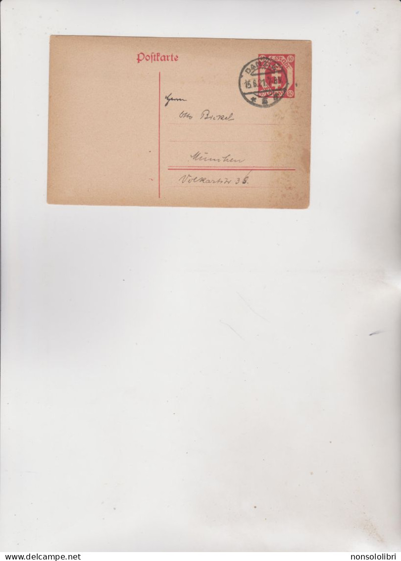 INTERO  POSTALE -  POSTKARTE.  VIAGGIATO CON ANNULLO : DANZIG  1921 . - Postal  Stationery