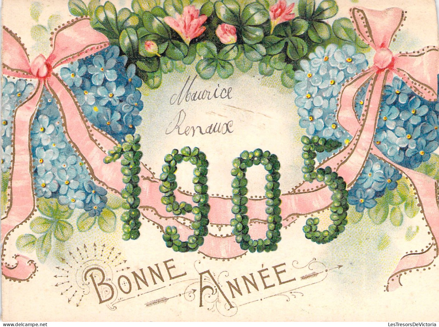 FETE - Bonne Année - Fantaisie - 1905 En Relief - Fleurs Et Noeud - Carte Postale Ancienne - Nouvel An