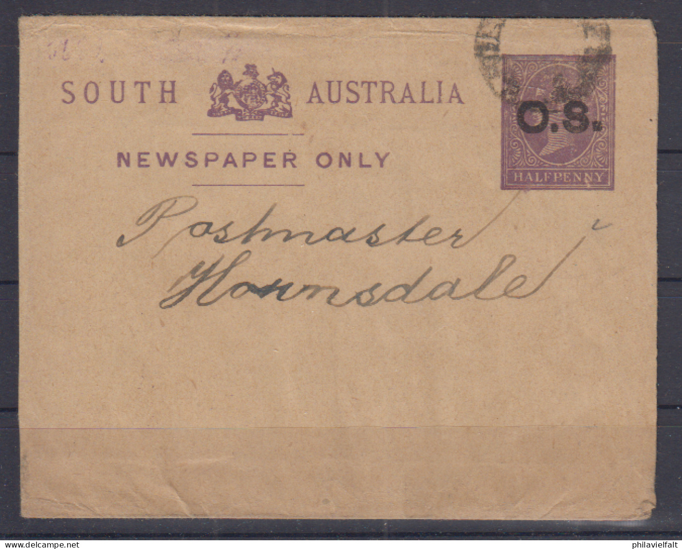 Australine: Südaustralien DienststreifbandHalfpenny Violett, Gebraucht - Cartas & Documentos
