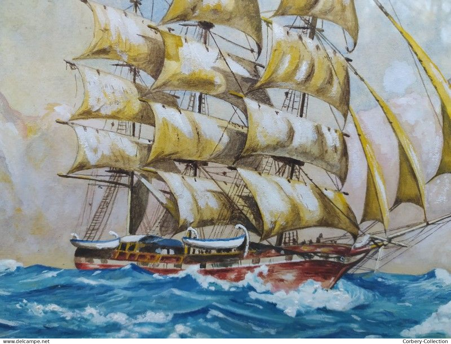 Tableau Marine Aquarelle Gouachée Signée Boissin 1930 / Bateau Voilier Navire.