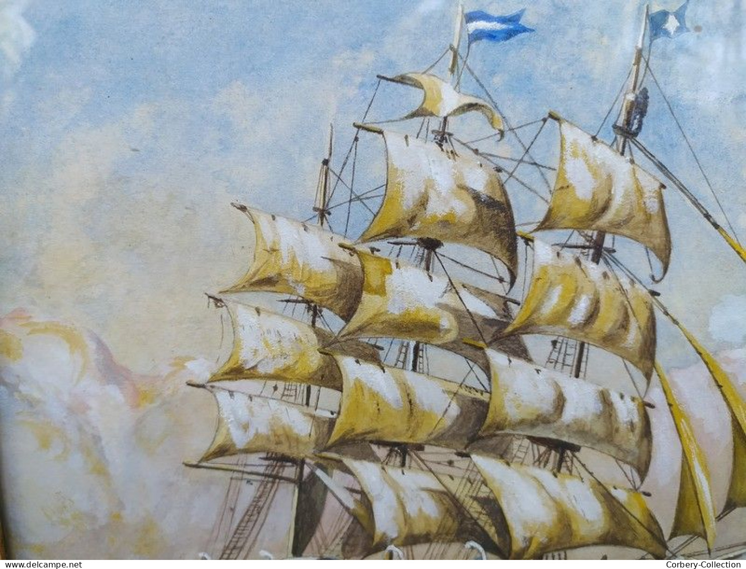 Tableau Marine Aquarelle Gouachée Signée Boissin 1930 / Bateau Voilier Navire.