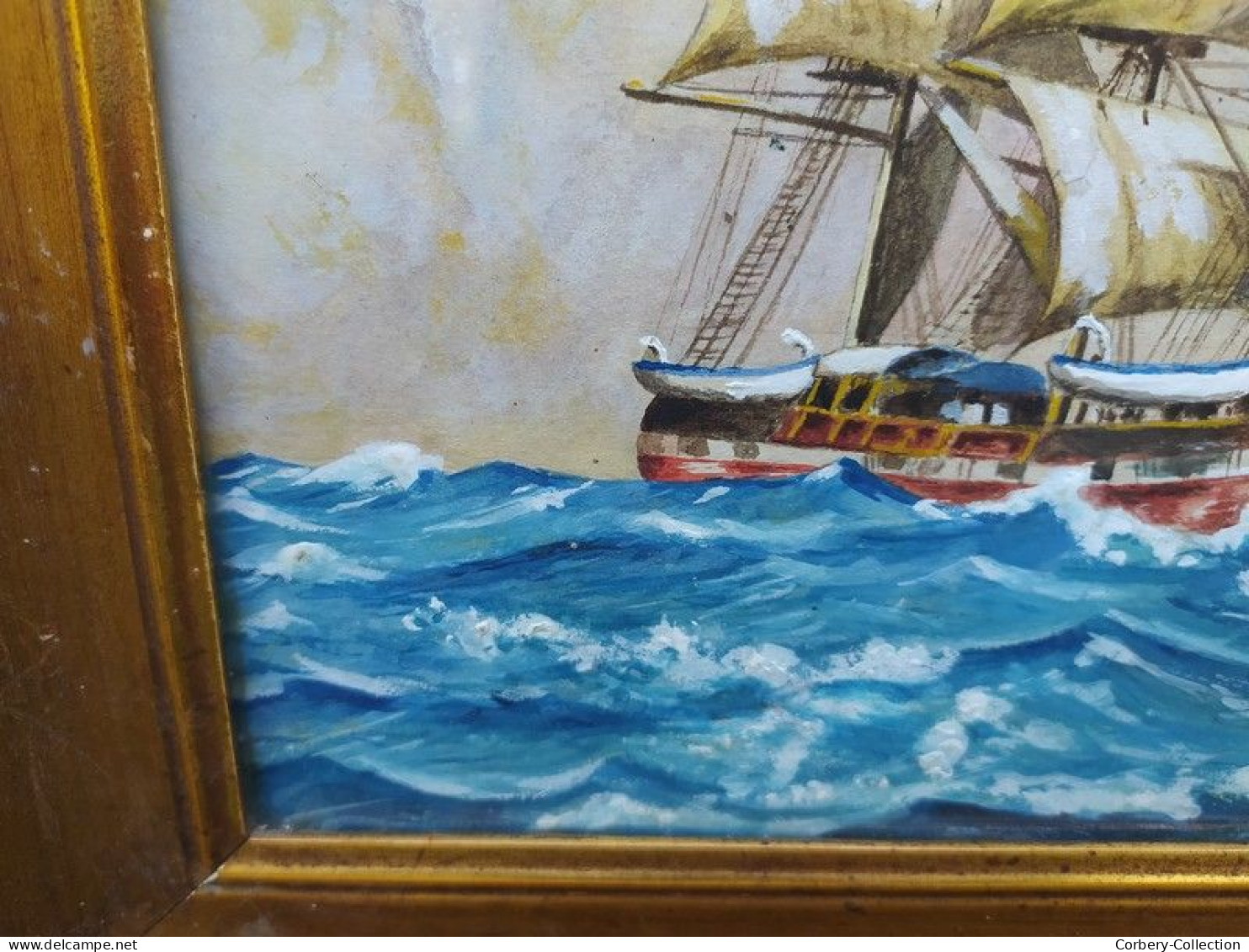 Tableau Marine Aquarelle Gouachée Signée Boissin 1930 / Bateau Voilier Navire.