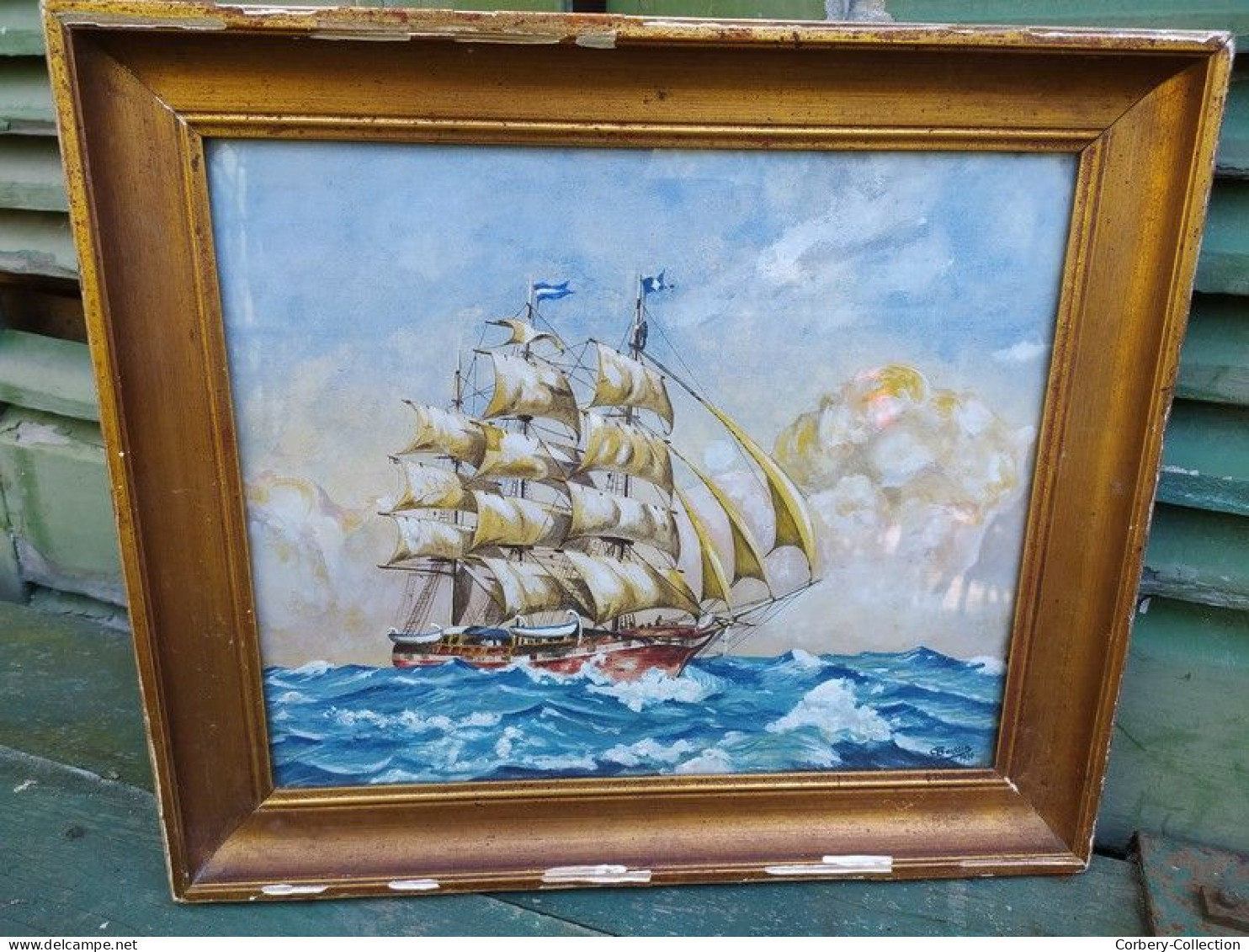 Tableau Marine Aquarelle Gouachée Signée Boissin 1930 / Bateau Voilier Navire.