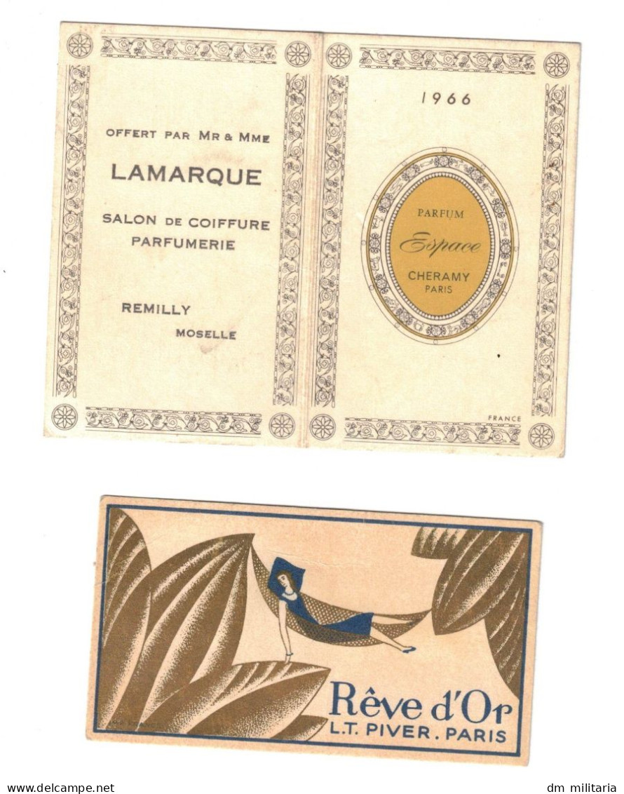 LOT 2 DOCUMENTS - CALENDRIER DE POCHE 1966 PARFUM ESPACE CHERAMY PARIS - ÉTIQUETTE CARTON RÊVE D'OR L.T.PIVER PARIS - Autres & Non Classés