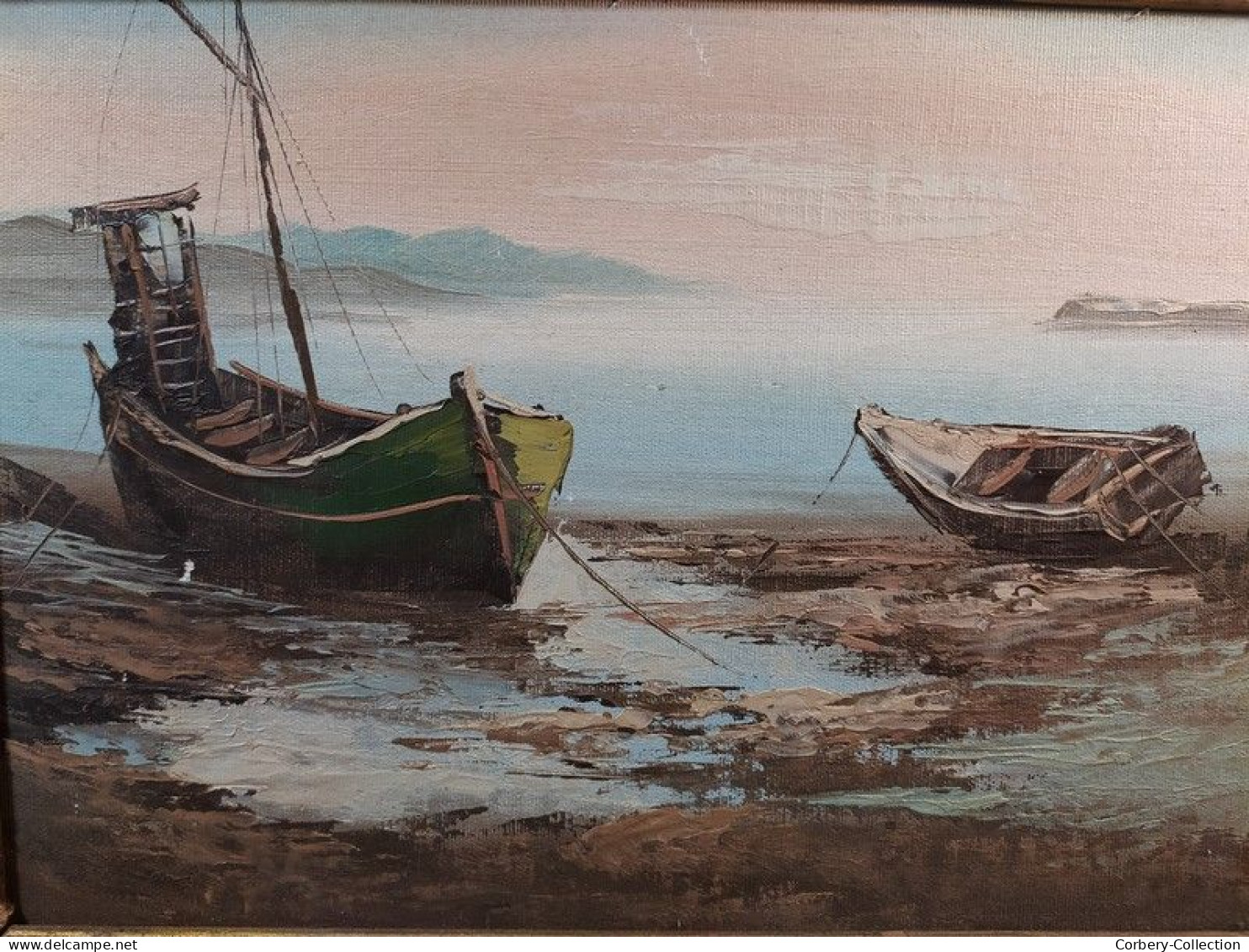 Tableau Ancien Marine Barques Bord De Mer - Huiles