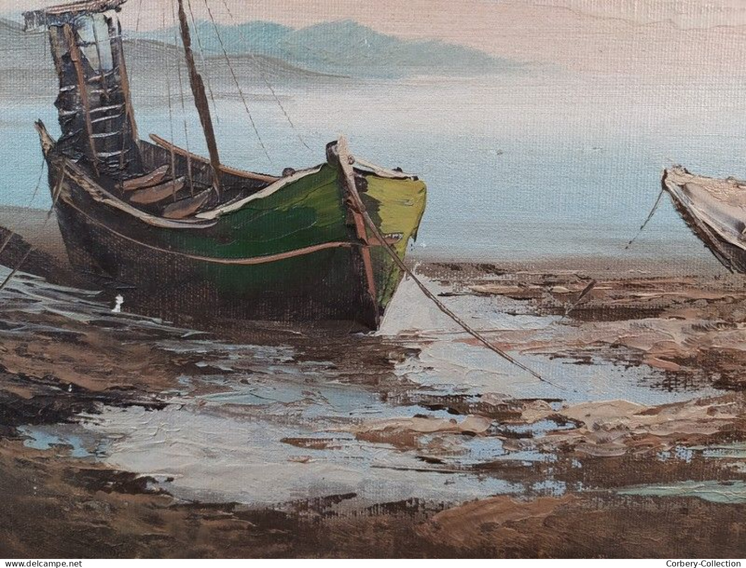 Tableau Ancien Marine Barques Bord De Mer - Huiles