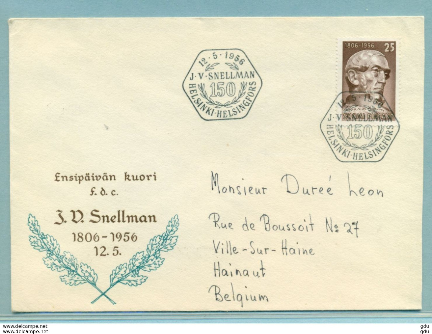 FDC Snellman (Helsinki ) . Obl 12.05.56 - Sonstige & Ohne Zuordnung