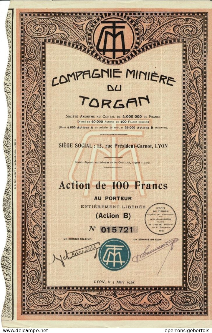 - Titre De 1928 - Compagnie Minière Du Torgan - Société Anonyme  - - Afrika