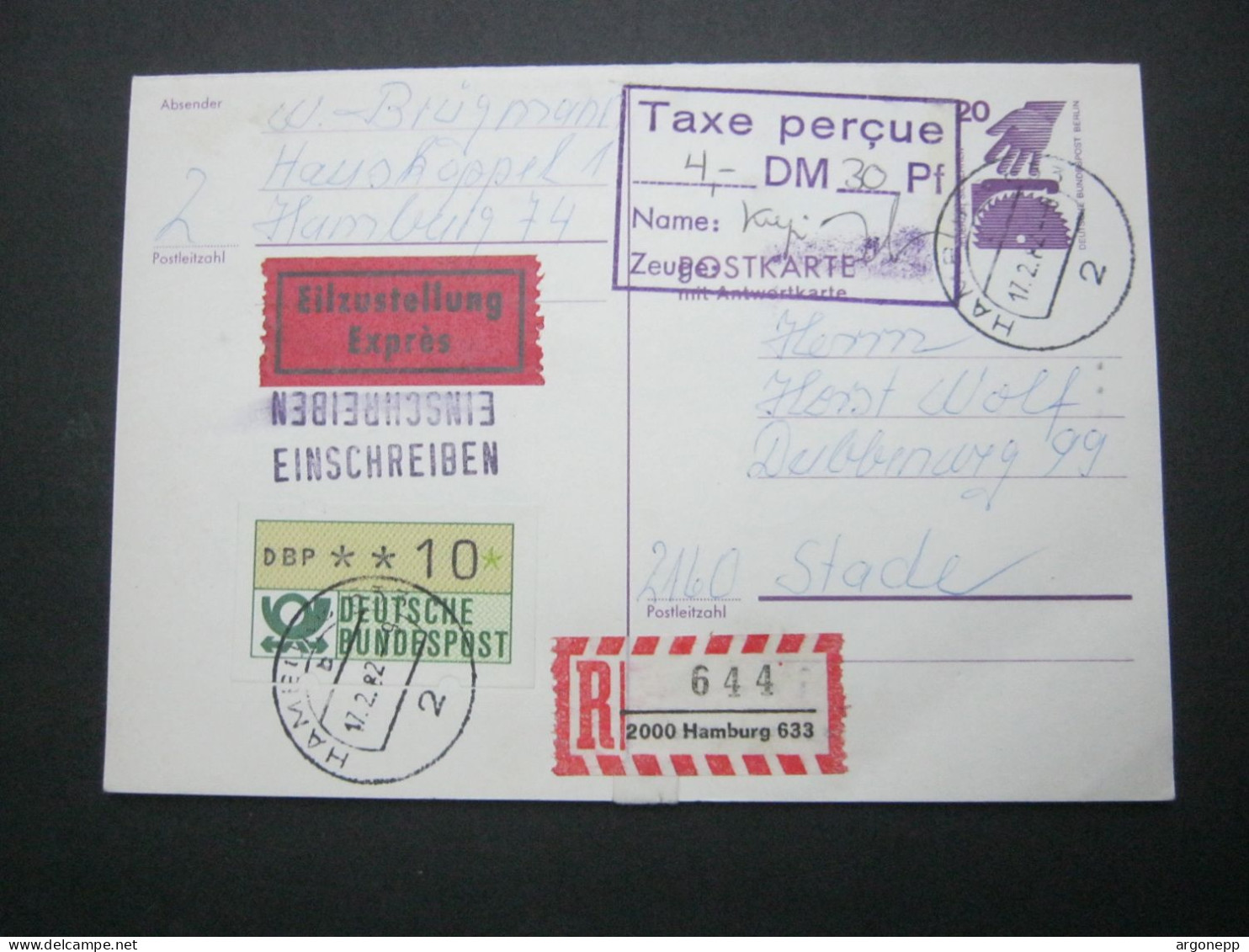 BERLIN , 20 Pfg, Unfall Ganzsache Als Einschreiben Eilkarte  Mit TAXE PERCUE Nach Stade Und Zurückverschickt 1982 - Postcards - Used