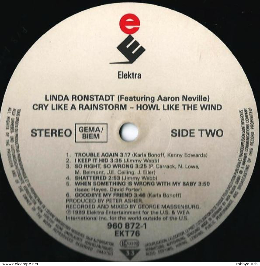 * LP *  LINDA RONSTADT Featuring AARON NEVILLE - CRY LIKE A RAINSTORM, HOWL LIKE THE WIND - Country En Folk