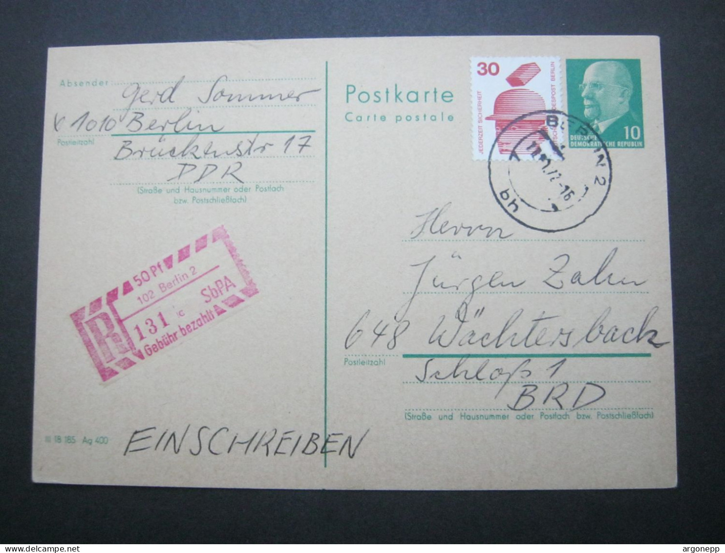 DDR , 10 Pfg. Ulbricht  Ganzsache Als Einschreiben Mit Westdeutscher Zusatzfrankatur Aus  Berlin 1972 - Postales - Usados