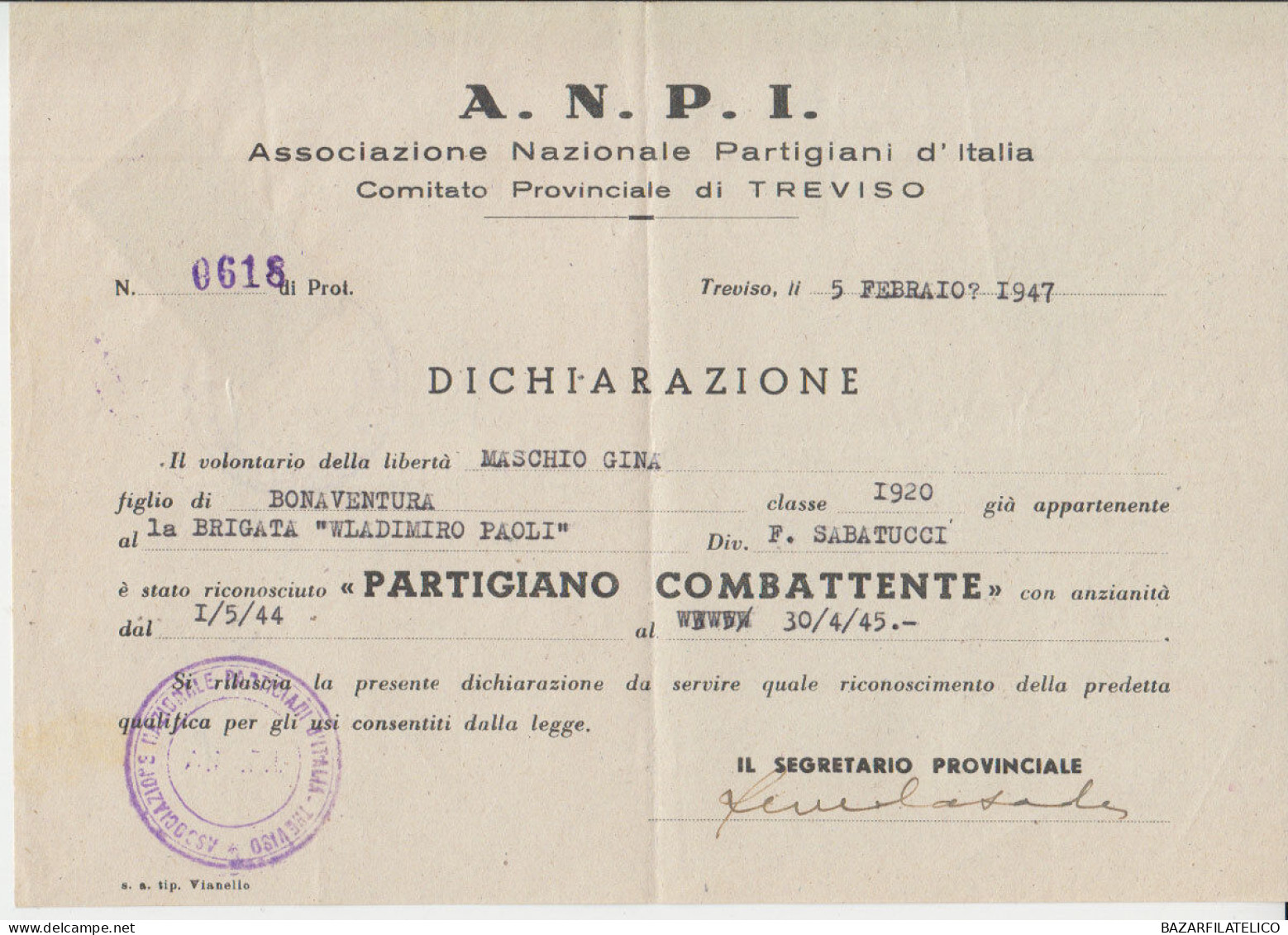 C.L.N RIMINI 1945 COMUNE DI RIMINI 5 LIRE SU DOCUMENTO A.N.P.I. GRANDE RARITA' - National Liberation Committee (CLN)