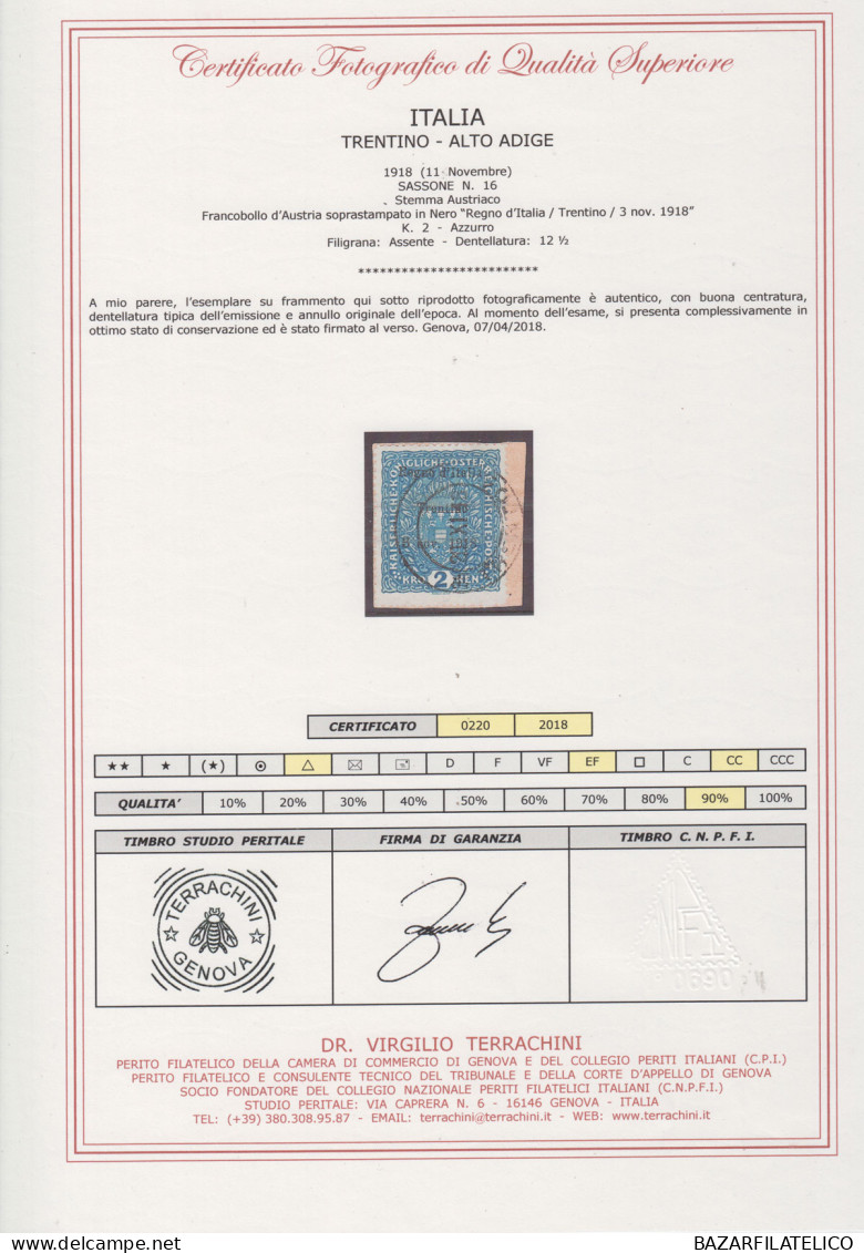 OCCUPAZIONI TERRE REDENTE TRENTINO ALTO ADIGE 1918 2 K. N.16 USATO CERT. - Trentino