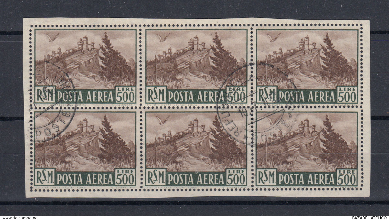 SAN MARINO 1951 VEDUTA 500 LIRE BLOCCO 6 V. USATI PERFETTO SPL FIRMATO DIENA - Used Stamps