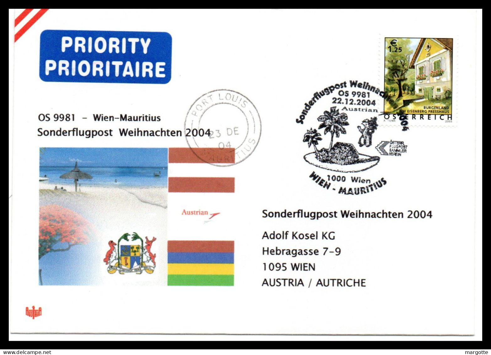 FFC  Wien-Mauritius  Sonderflugpost Weihnachten 2004 - Covers & Documents