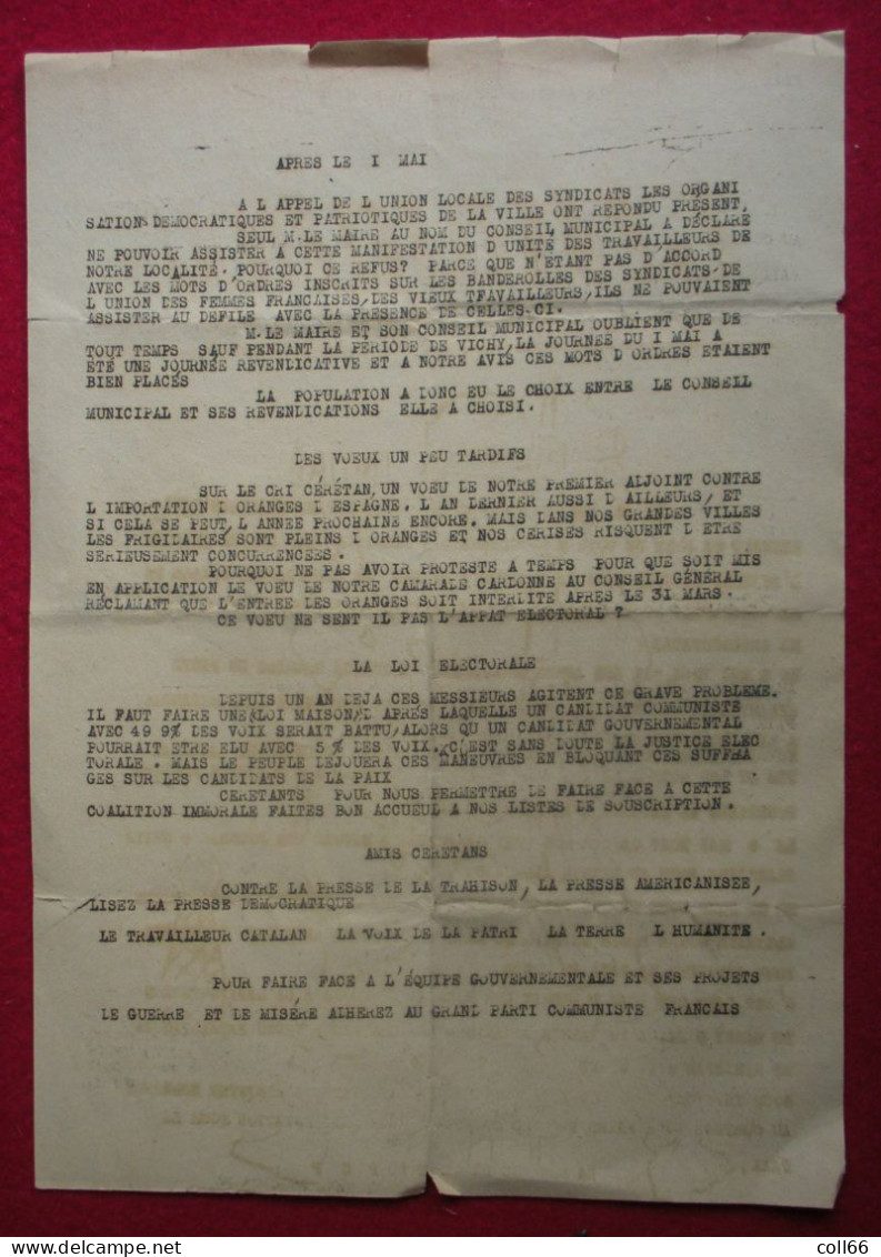 Ww2 Céret 1945 El Raig Nou Tract Propagande PCF Communiste Anti-Allemande Cerises & Oranges D'Espagne Catalunya - 1939-45