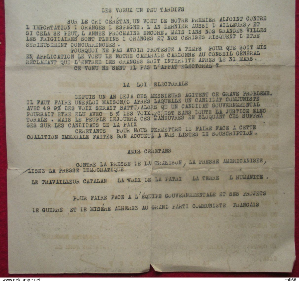 Ww2 Céret 1945 El Raig Nou Tract Propagande PCF Communiste Anti-Allemande Cerises & Oranges D'Espagne Catalunya - 1939-45