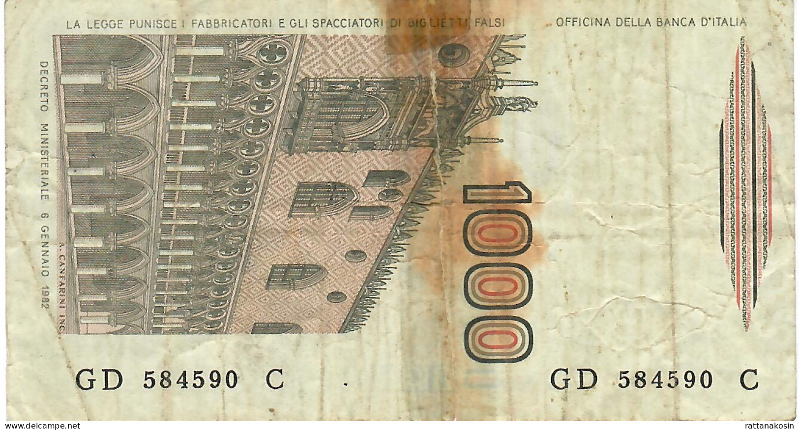 ITALY P109b 1000 LIRE 1982 #GD/C    GOOD TAPE      NO P.h. - 1000 Liras