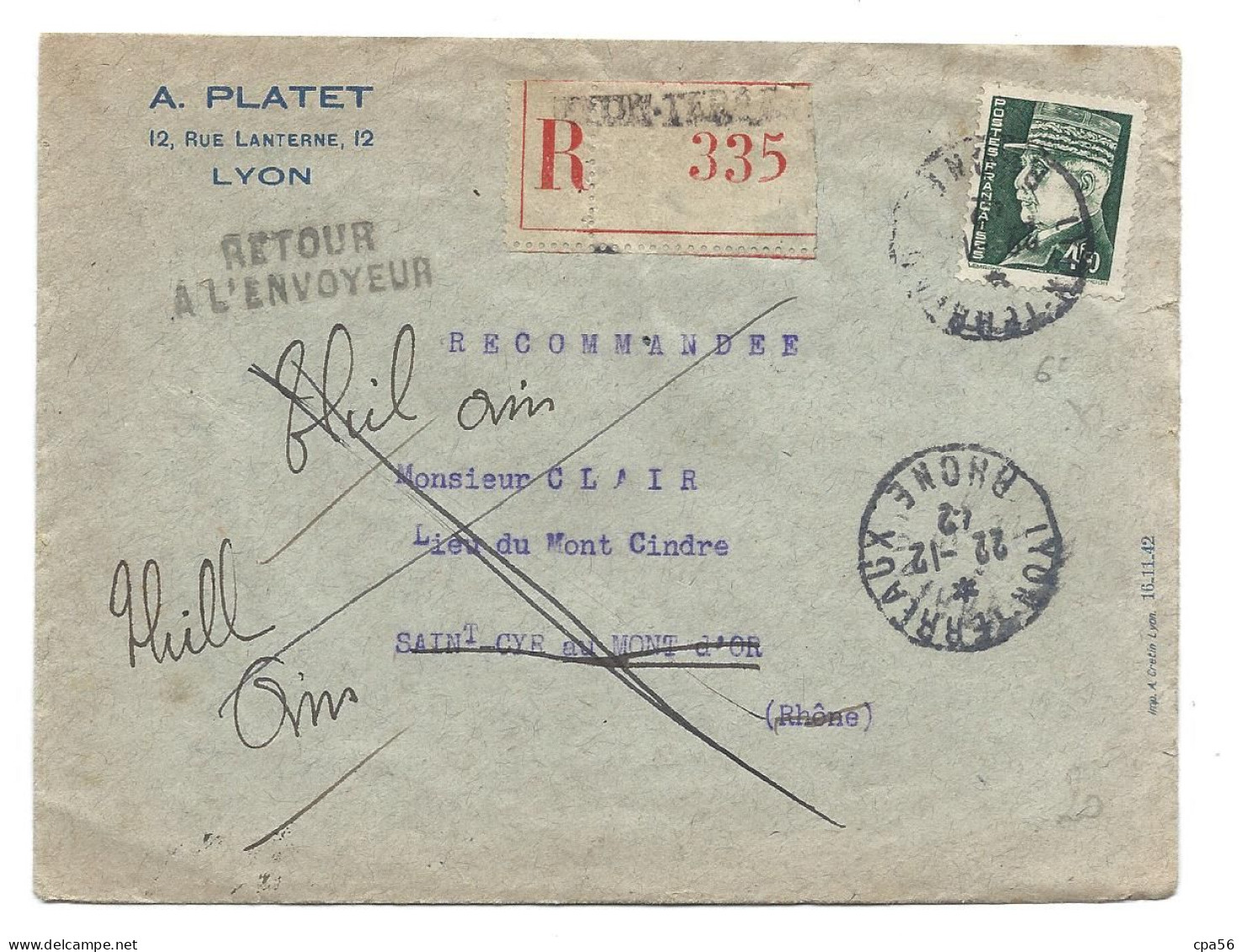 Enveloppe En-tête PLATET LYON 12 RUE LANTERNE - Recommandée 1942 - 1941-42 Pétain